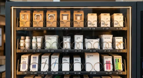 Vending machine shelves stocked with everyday essentials including chargers, toiletries and stationery